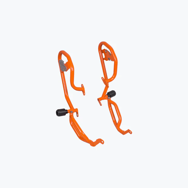 Legundary Defender Crash Guard Orange installed on KTM 390 Enduro R for engine protection