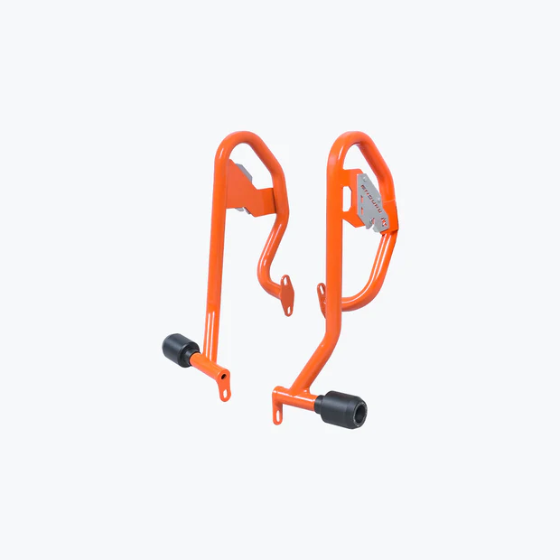 Legundary Defender Crash Guard Orange installed on KTM 390 Enduro R for engine protection