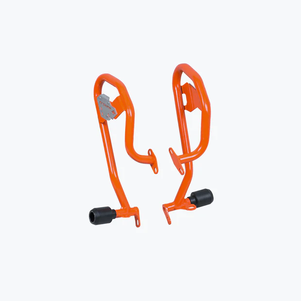 Legundary Defender Crash Guard Orange installed on KTM 390 Enduro R for engine protection