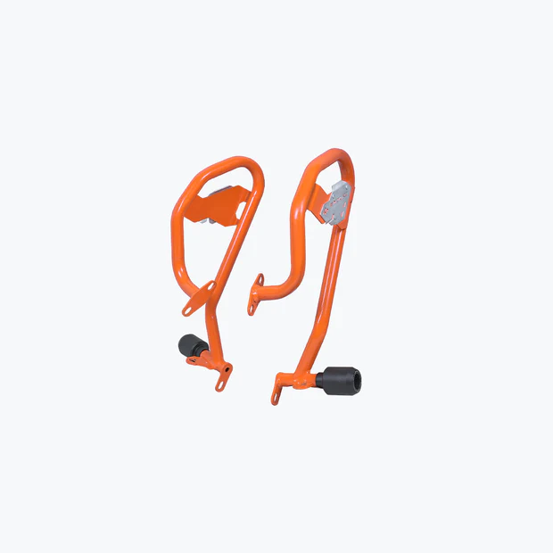 Legundary Defender Crash Guard Orange installed on KTM 390 Enduro R for engine protection