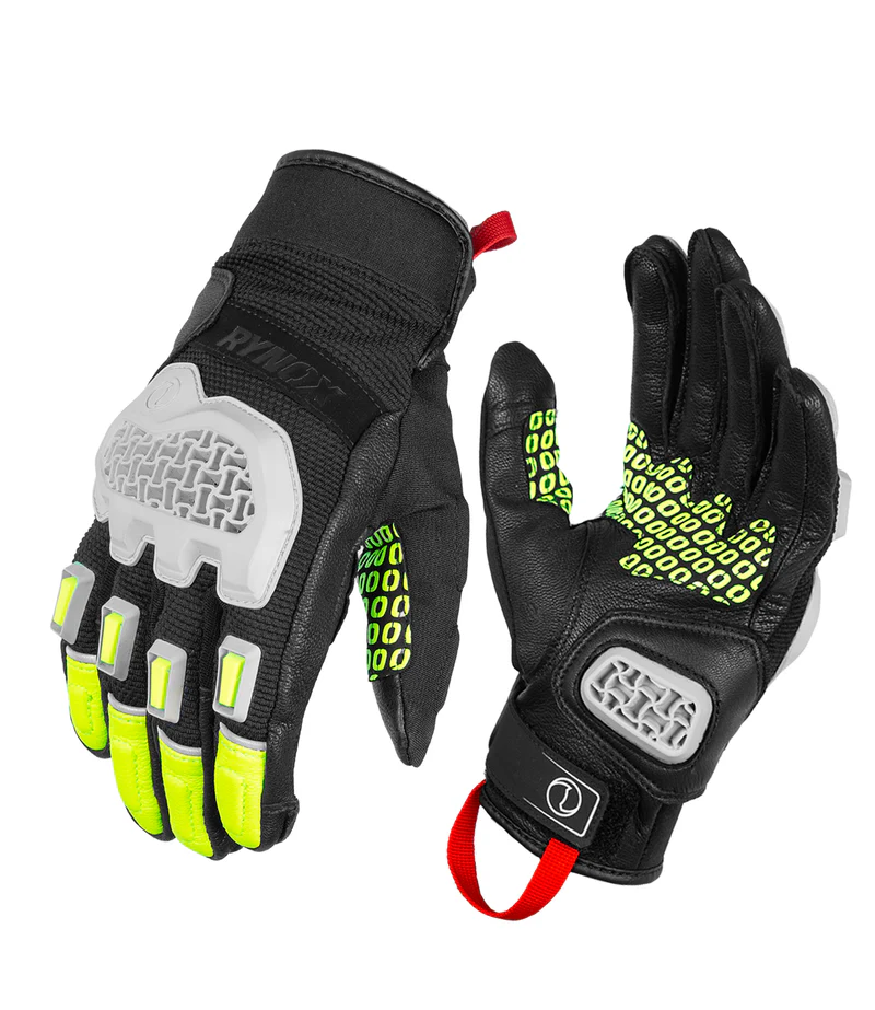 Rynox Gravel Dualsport Gloves Hi-Viz Green dualsport motorcycle riding gloves for road and off-road use