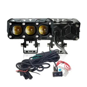 HJG Future Eyes 3 Lens LED Foglight 120W with wiring harness mounted on bike and car