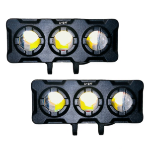 HJG Tri Shot 3 LED 120W auxiliary fog lights mounted on motorcycle