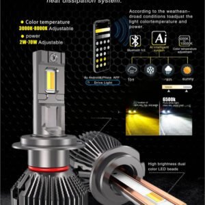 LIU HJG AI Bulb H7 App-Controlled 200W LED Headlight for Bike and Car – White Yellow Warm White