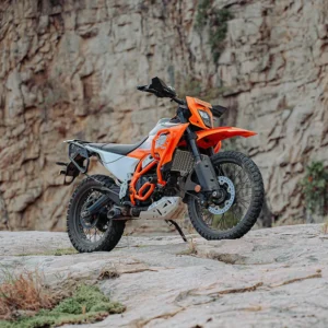 Legundary Defender Crash Guard Orange installed on KTM 390 Enduro R for engine protection