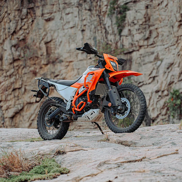 Legundary Defender Crash Guard Orange installed on KTM 390 Enduro R for engine protection