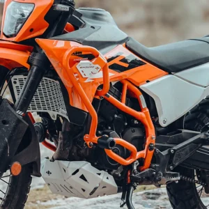 Legundary Defender Crash Guard Orange installed on KTM 390 Enduro R for engine protection