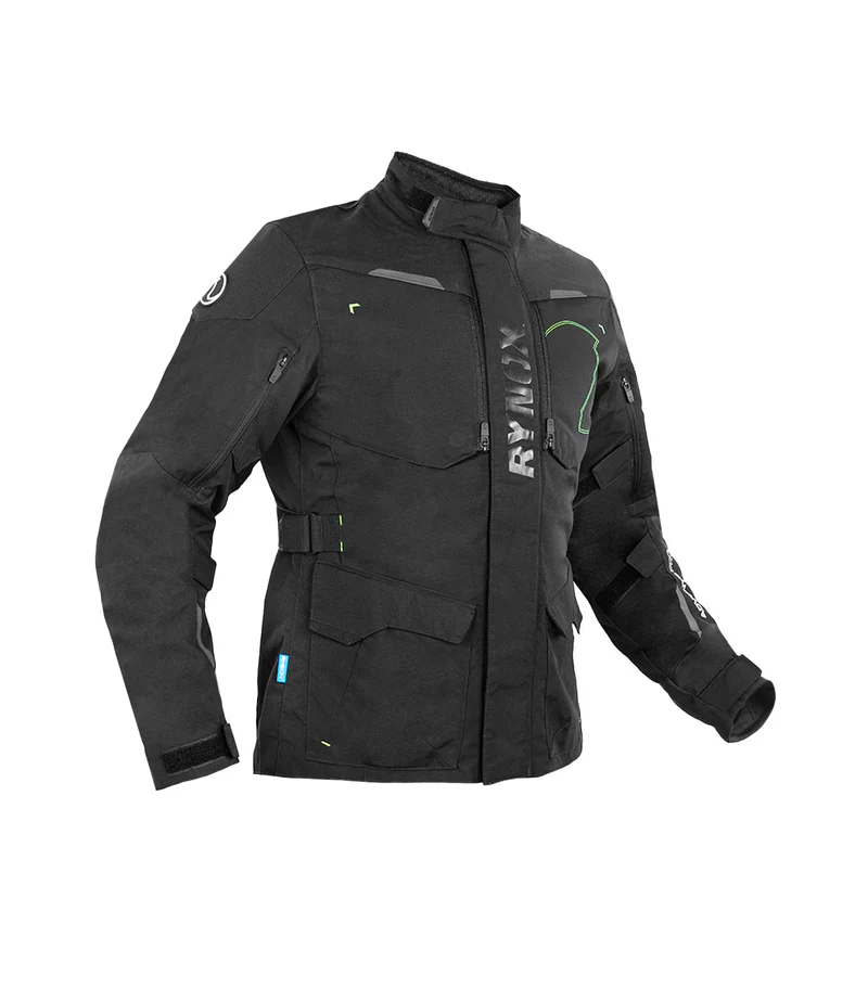 Rynox Advento Pro Jacket Black Hi Viz Green CE Level 2 Adventure Touring Riding Jacket