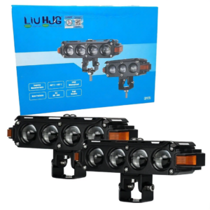 HJG Hazard S62 Quad Lens 160W LED Fog Lights with Red Devil Eye and Amber Hazard DRL mounted on motorcycle