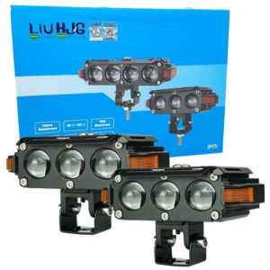 HJG Hazard S61 triple lens LED fog lights with red amber DRL mounted on motorcycle