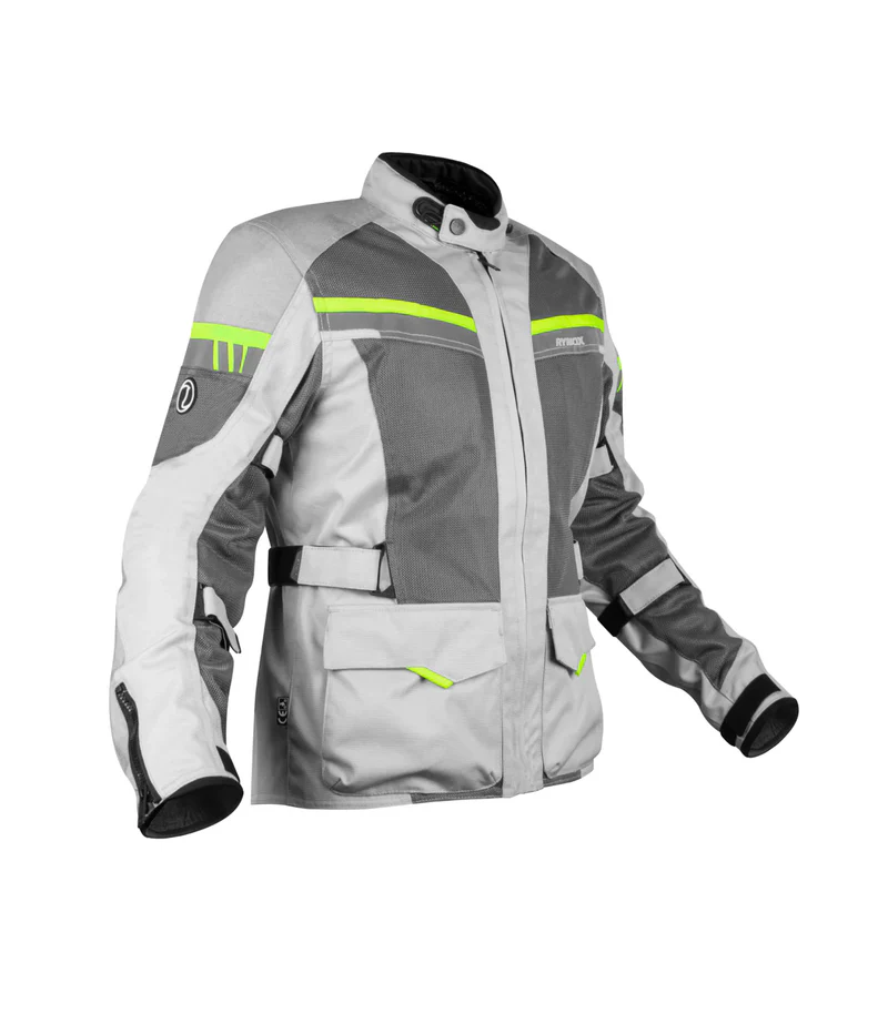 Rynox Stealth Air Pro Jacket Grey Hi-Viz Green mesh motorcycle riding jacket with ADV touring protection
