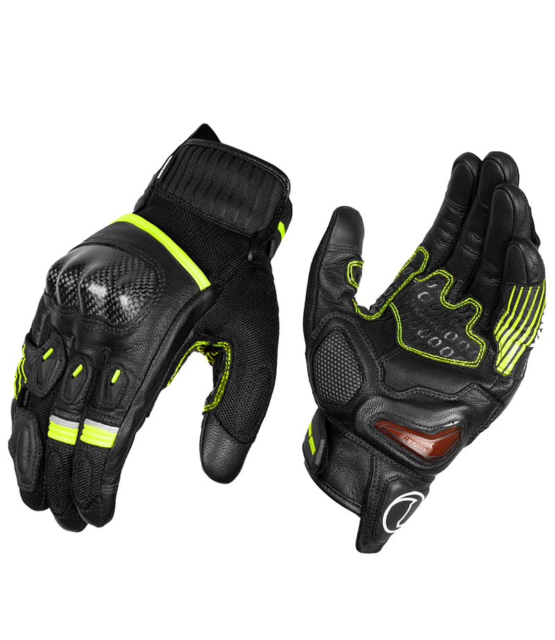 Rynox Tornado Pro 4 Carbon Edition Gloves Black Hi Viz Green with carbon knuckle and FAST-R protection