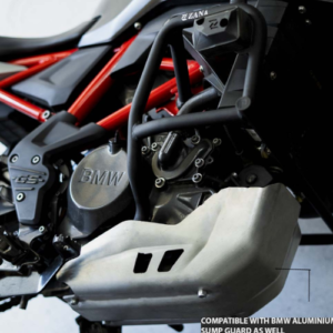ZANA Lower Engine Guard with Black Puck installed on BMW G310 GS motorcycle