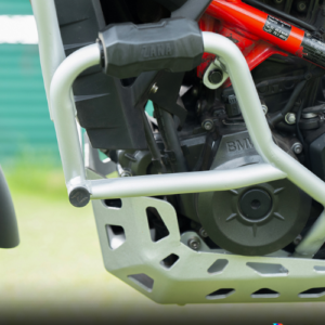 ZANA Lower Engine Guard Silver with Puck installed on BMW G310 GS motorcycle