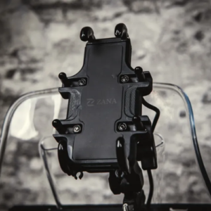 ZANA Universal Mobile Holder with Charger BLU mounted on motorcycle handlebar