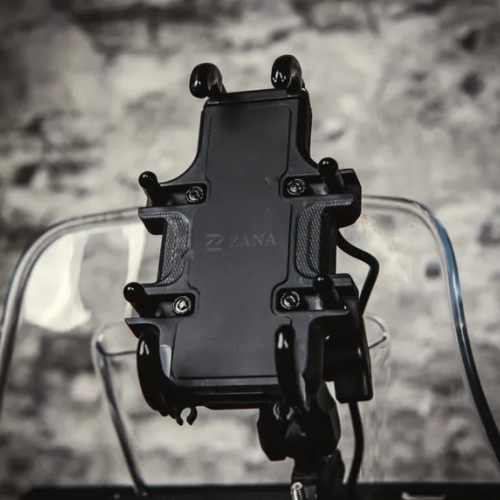 ZANA Universal Mobile Holder with Charger BLU mounted on motorcycle handlebar