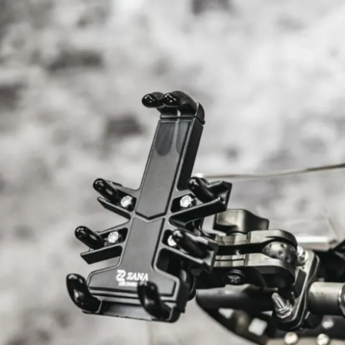 ZANA Universal Mobile Holder REX with USB Charger mounted on motorcycle handlebar