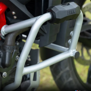 ZANA Lower Engine Guard Silver with Puck installed on BMW G310 GS motorcycle