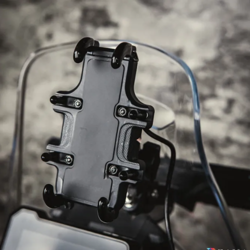 ZANA Universal Mobile Holder with Charger BLU mounted on motorcycle handlebar