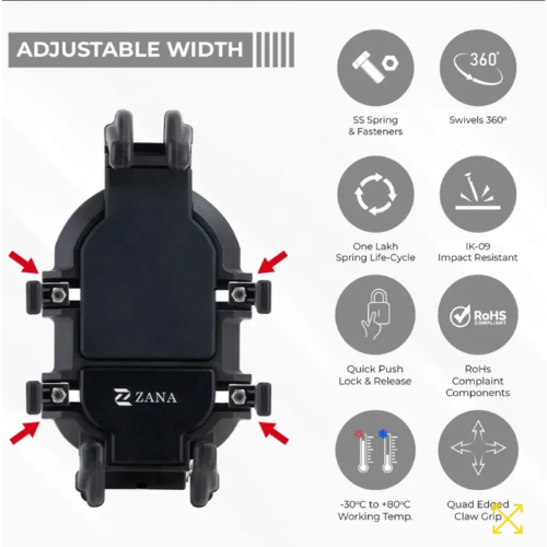 ZANA Universal Mobile Holder Without Charger installed on motorcycle handlebar
