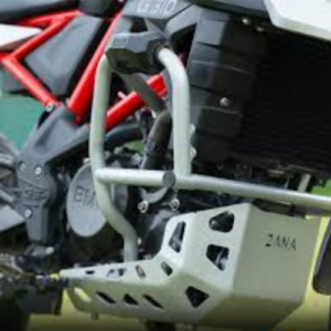 ZANA Lower Engine Guard Silver with Puck installed on BMW G310 GS motorcycle