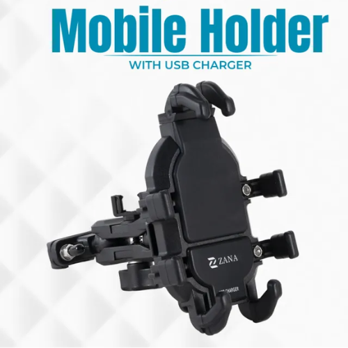 ZANA Universal Mobile Holder with 18W USB Charger mounted on motorcycle handlebar
