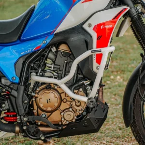 JB Racing X Pulse 210 Defenso Crash Guard With Slider White installed on motorcycle