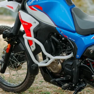 JB Racing X Pulse 210 Defenso Crash Guard With Slider White installed on motorcycle