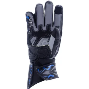 Roaring Toyz 33 Speedx Full Gauntlet Gloves Black Blue leather riding gloves with TPU protection