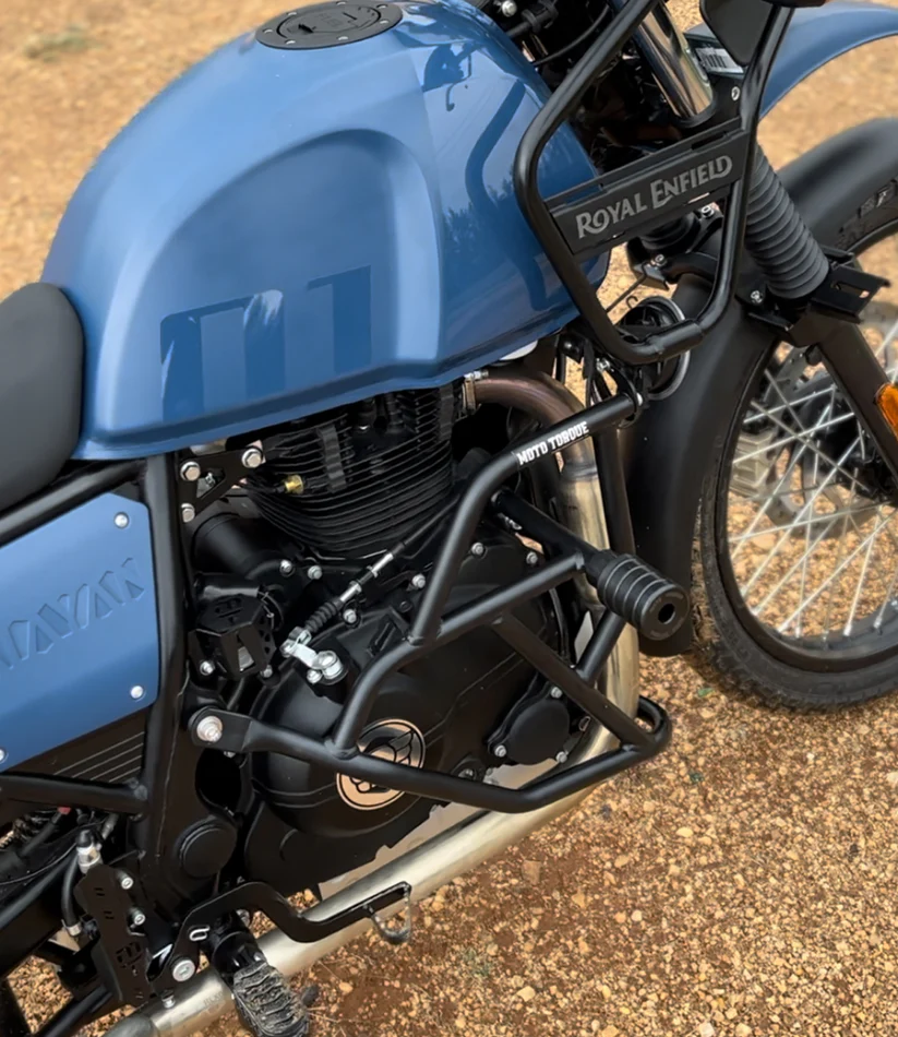 Moto Torque Guardian Crash Guard installed on Royal Enfield Himalayan adventure motorcycle