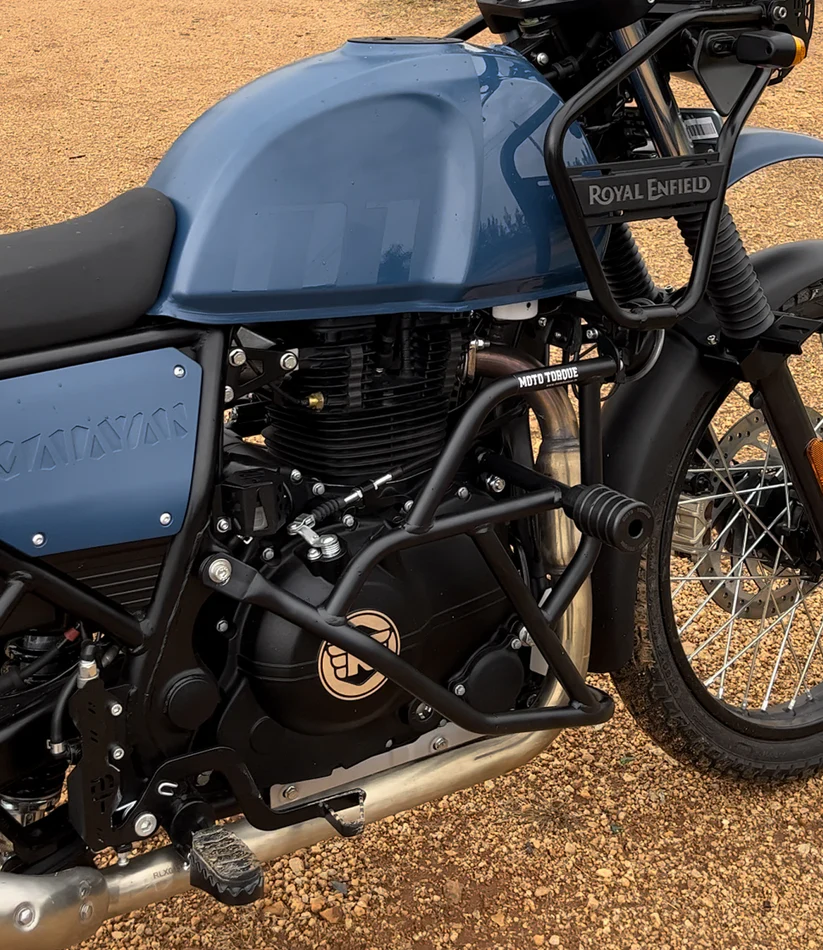 Moto Torque Guardian Crash Guard installed on Royal Enfield Himalayan adventure motorcycle