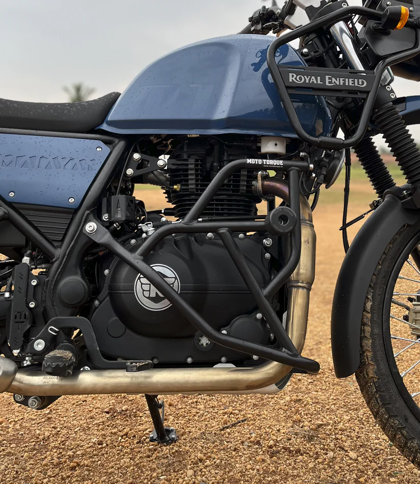 Moto Torque Guardian Crash Guard installed on Royal Enfield Himalayan adventure motorcycle