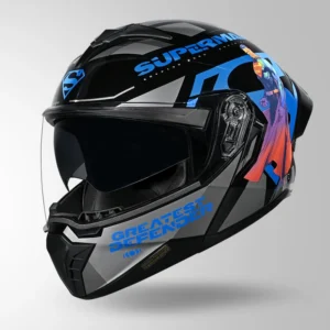 Studds Trooper Superman Edition Helmet Black and Blue flip-up motorcycle helmet with Superman graphics