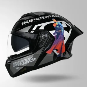 Studds Trooper Superman Edition Flip-Up Helmet Black and Grey with superhero graphics