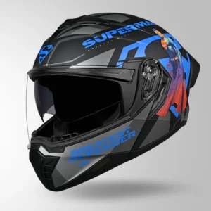 STUDDS Trooper Superman Edition Helmet Matt Black Blue flip up helmet with superhero graphics