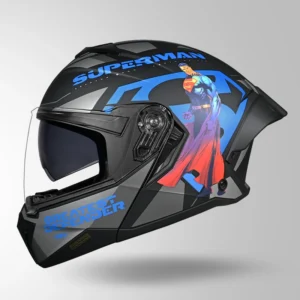 STUDDS Trooper Superman Edition Helmet Matt Black Blue flip up helmet with superhero graphics