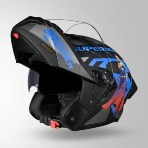 STUDDS Trooper Superman Edition Helmet Matt Black Blue flip up helmet with superhero graphics
