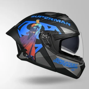 STUDDS Trooper Superman Edition Helmet Matt Black Blue flip up helmet with superhero graphics
