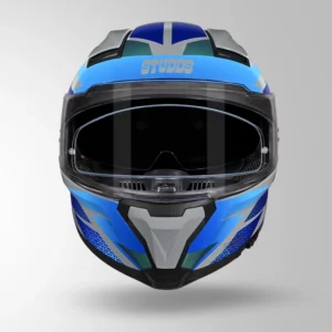 STUDDS Helios D2 Circuit Decor Helmet Chameleon Grey Blue full face helmet with aerodynamic spoiler
