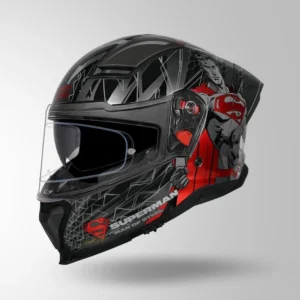 Studds Helios Superman Edition Grey Red Full Face Helmet with Metallic Foil Graphics