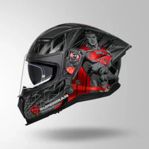 Studds Helios Superman Edition Grey Red Full Face Helmet with Metallic Foil Graphics