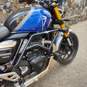 BS Auto Crash Guard for Triumph Speed 400 black stainless steel with dual safety sliders installed
