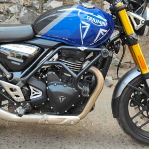 BS Auto Crash Guard for Triumph Speed 400 black stainless steel with dual safety sliders installed