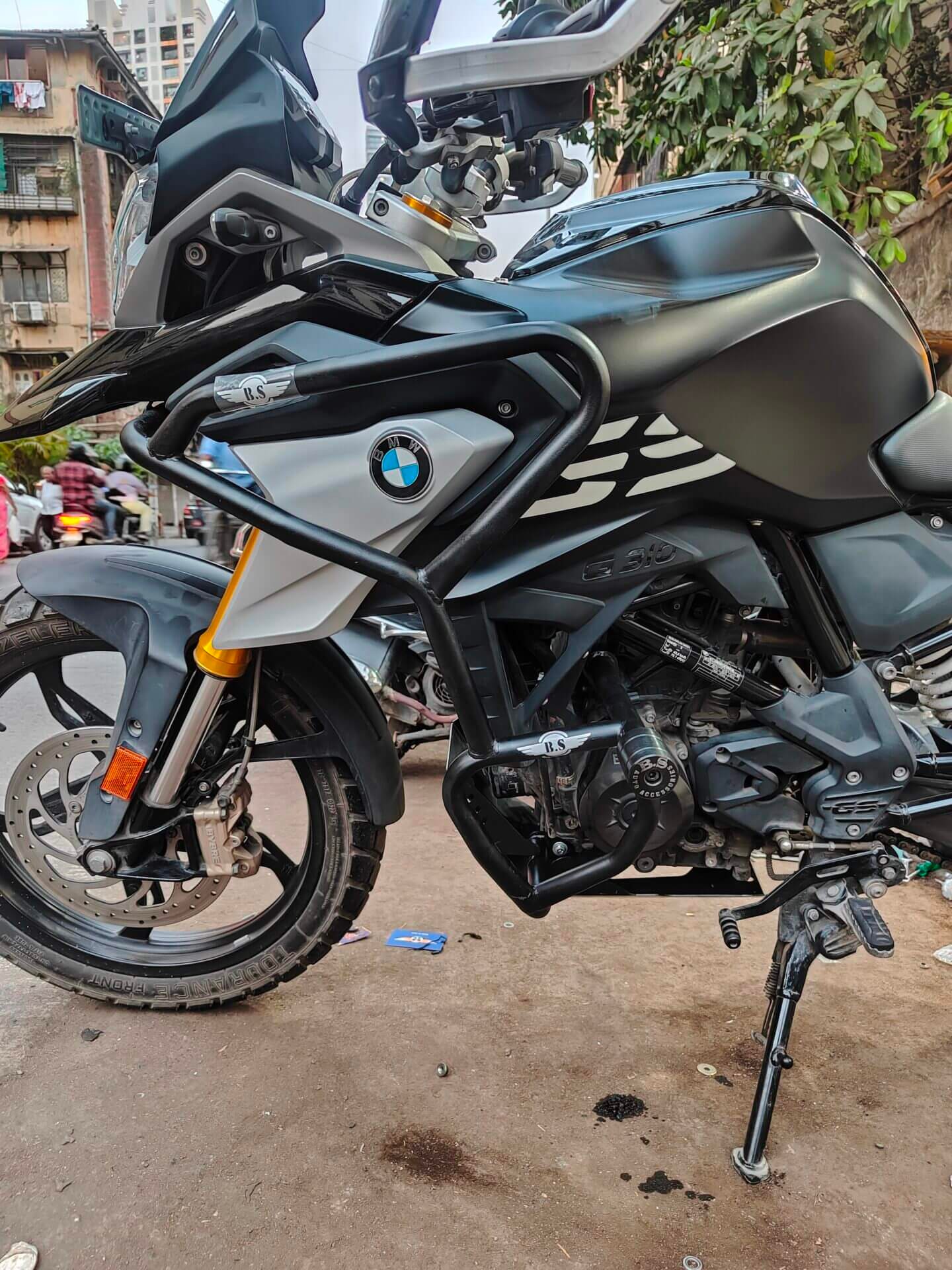 BMW G310 GS stainless steel crash guard with sliders black powder coated BS Auto