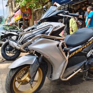 BS Auto Yamaha Aerox 155 stainless steel crash guard with sliders and pillion footrest chrome finish