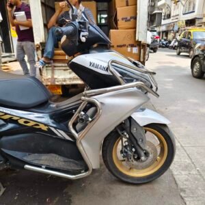 BS Auto Yamaha Aerox 155 stainless steel crash guard with sliders and pillion footrest chrome finish