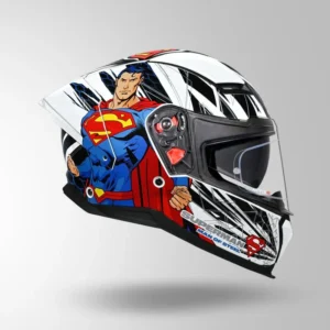 STUDDS Helios Superman Edition White Blue Full Face Helmet with Superman Graphics
