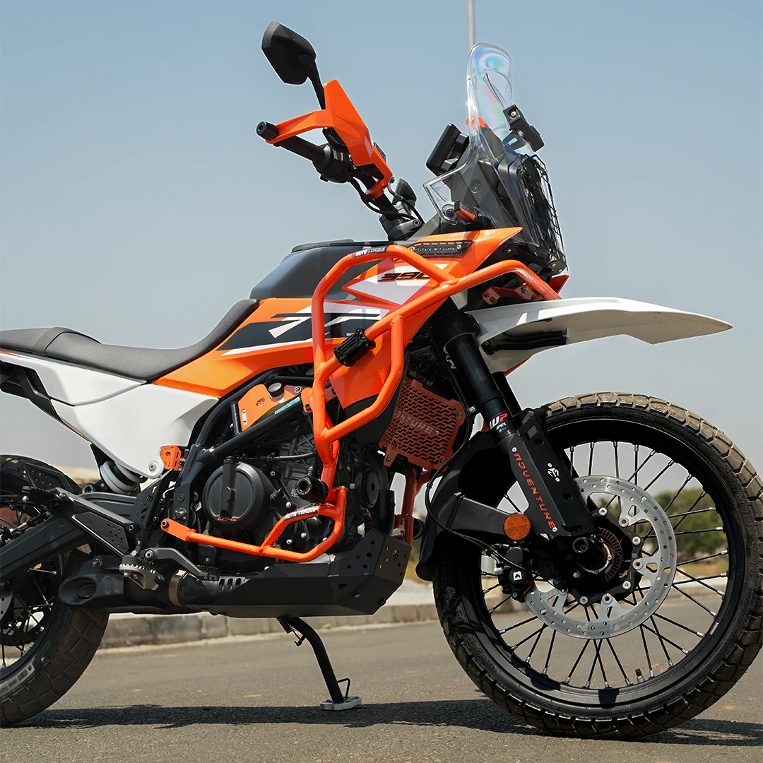 Moto Torque Orange Crash Guard installed on KTM 390 Adventure motorcycle