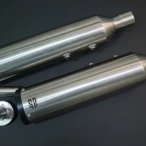 SS MOTO CORP Steel Finish Slip-On Silencers installed on Royal Enfield Super Meteor 650