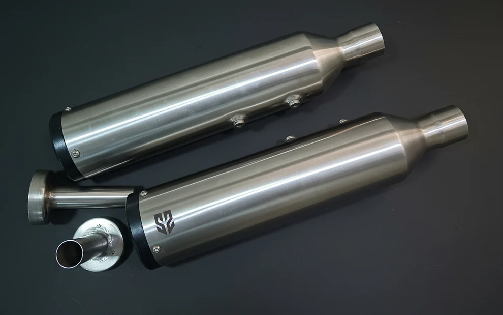 SS MOTO CORP Steel Finish Slip-On Silencers installed on Royal Enfield Super Meteor 650